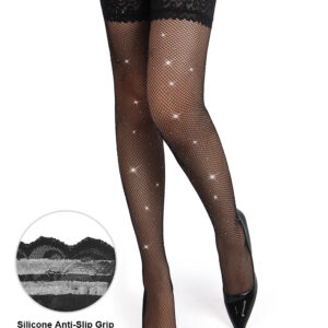 Black Rhinestone Fishnet Lace Top Stockings